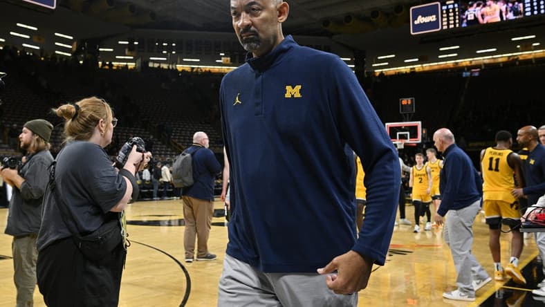 Dec 10, 2023; Iowa City, Iowa, USA; Michigan Wolverines head coach Juwan Howard walks off the court after the game against the Iowa Hawkeyes at Carver-Hawkeye Arena. Mandatory Credit: Jeffrey Becker-USA TODAY Sports