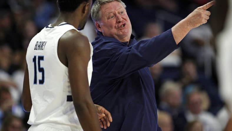 Dec 9, 2023; Norfolk, Virginia, USA; Old Dominion Monarchs head coach Jeff Jones talks to Old Dominion Monarchs guard R.J. Blakney (15) against the James Madison Dukes at Chartway Arena at the Ted Constant Convocation Center. Mandatory Credit: Peter Casey-USA TODAY Sports