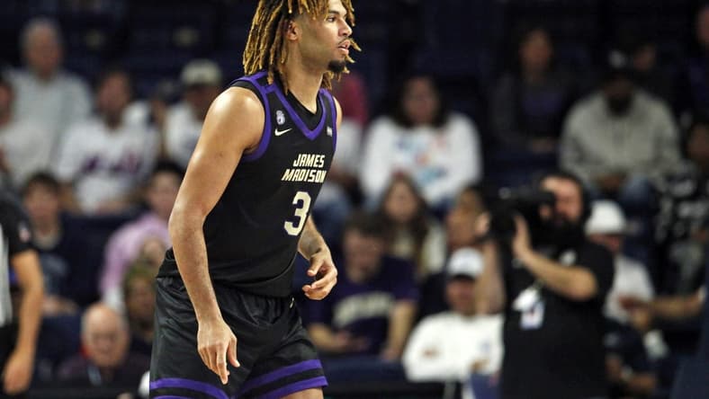 Dec 9, 2023; Norfolk, Virginia, USA; James Madison Dukes forward T.J. Bickerstaff (3) looks on during the game against the Old Dominion Monarchs at Chartway Arena at the Ted Constant Convocation Center. Mandatory Credit: Peter Casey-USA TODAY Sports