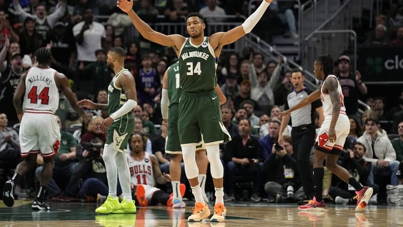 Dec 11, 2023; Milwaukee, Wisconsin, USA;  Milwaukee Bucks forward Giannis Antetokounmpo (34) reacts to a call during overtime against the Chicago Bulls at Fiserv Forum. Mandatory Credit: Jeff Hanisch-USA TODAY Sports