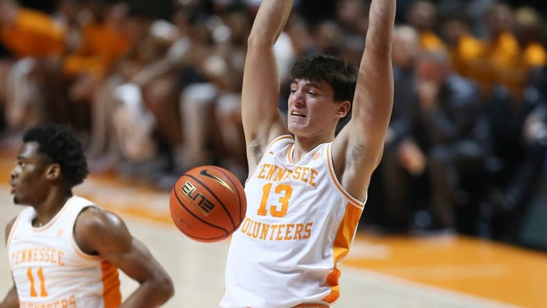 Dec 12, 2023; Knoxville, Tennessee, USA; Tennessee Volunteers forward J.P. Estrella (13) dunks the ball against the Georgia Southern Eagles at Food City Center at Thompson-Boling Arena. Mandatory Credit: Randy Sartin-USA TODAY Sports