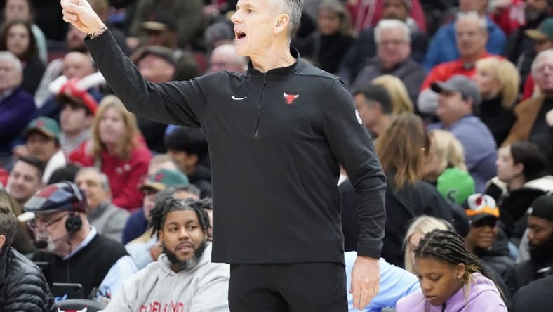 Dec 12, 2023; Chicago, Illinois, USA; Chicago Bulls head coach Billy Donovan gestures to his team against the Denver Nuggets during the second half at United Center. Mandatory Credit: David Banks-USA TODAY Sports