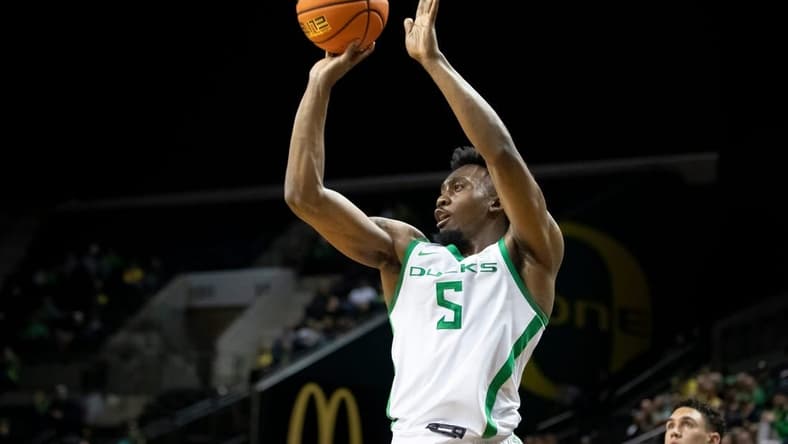 Oregon guard Jermaine Couisnard puts up a shot for three as the Oregon Ducks host California Baptist Tuesday, Dec. 12, 2023, at Matthew Knight Arena in Eugene, Ore.