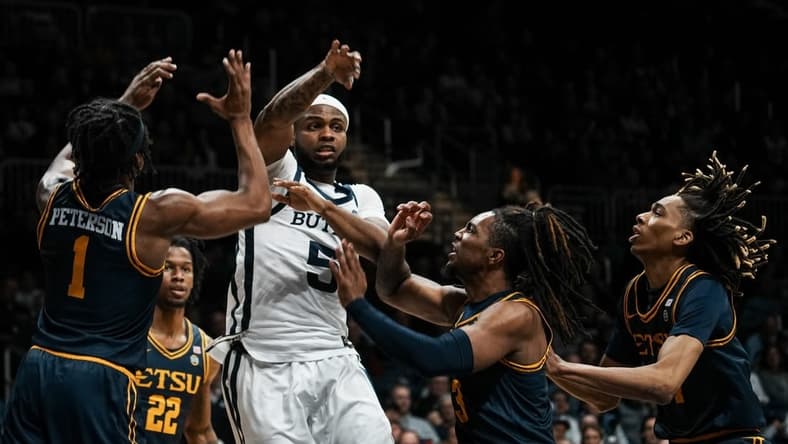 Butler Bulldogs guard Posh Alexander (5) passes the ball during the game between Butler Bulldogs and East Tennessee State Buccaneers Monday, Nov. 13, 2023, at Hinkle Fieldhouse in Indianapolis. Bulldogs beat Buccaneers 81-47.