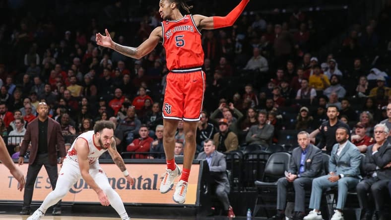 Dec 10, 2023; Brooklyn, New York, USA; St. John's Red Storm guard Daniss Jenkins (5) at Barclays Center. Mandatory Credit: Wendell Cruz-USA TODAY Sports