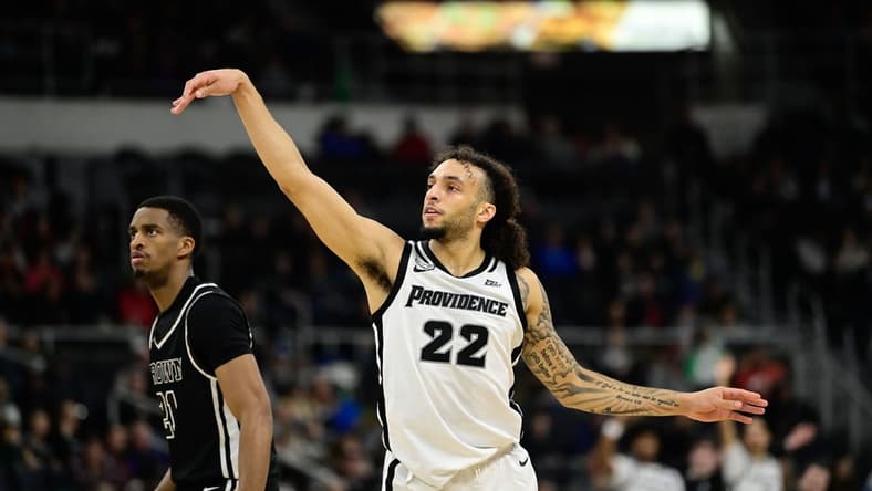 Dec 10, 2023; Providence, Rhode Island, USA; Providence Friars guard Devin Carter (22) shoots for a three point basket during the first half against the Brown Bears at Amica Mutual Pavilion. Mandatory Credit: Eric Canha-USA TODAY Sports