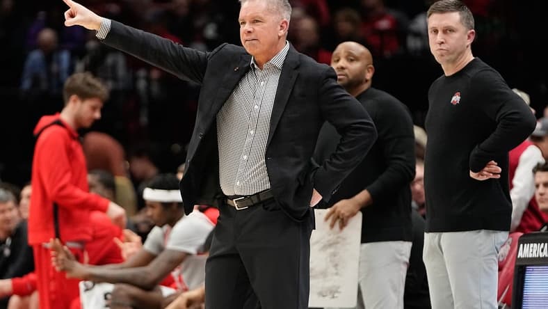 Dec 6, 2023; Columbus, OH, USA; Ohio State Buckeyes head coach Chris Holtmann motions during the first half of the NCAA men s basketball game against the Miami Redhawks at Value City Arena.