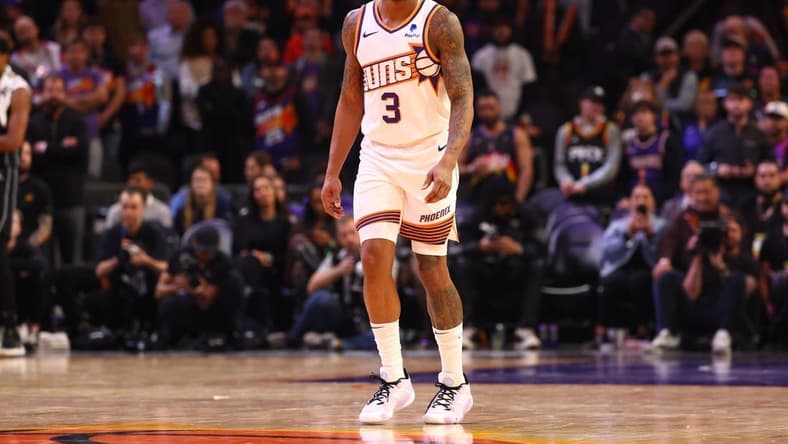 Dec 13, 2023; Phoenix, Arizona, USA; Phoenix Suns guard Bradley Beal (3) against the Brooklyn Nets at Footprint Center. Mandatory Credit: Mark J. Rebilas-USA TODAY Sports