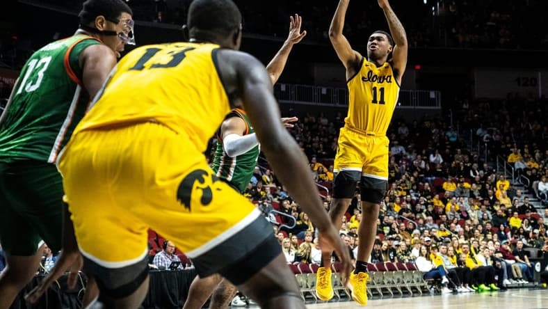 Iowa's Tony Perkins attempts a shot during the Hawkeye Showcase at Wells Fargo Arena on Saturday, Dec. 16, 2023, in Des Moines.