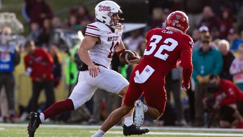 NMSU quarterback Diego Pavia runs the ball during the Isleta New Mexico Bowl on Saturday, Dec. 16, 2023, at the University Stadium in Albuquerque.