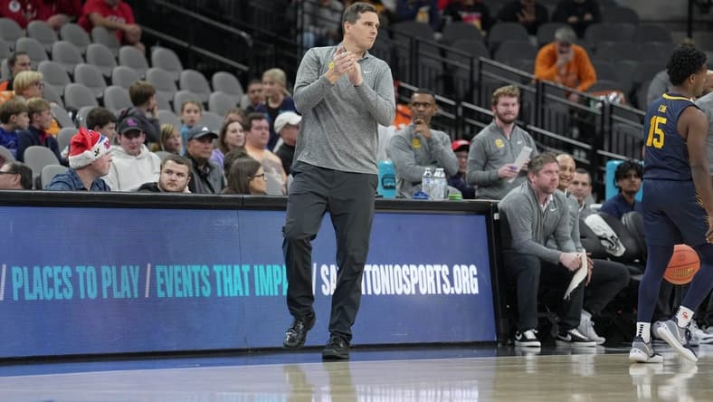 Dec 16, 2023; San Antonio, Texas, USA; California Golden Bears head coach Mark Madsen looks on in the first half against the Mississippi Rebels at the Frost Bank Center. Mandatory Credit: Daniel Dunn-USA TODAY Sports