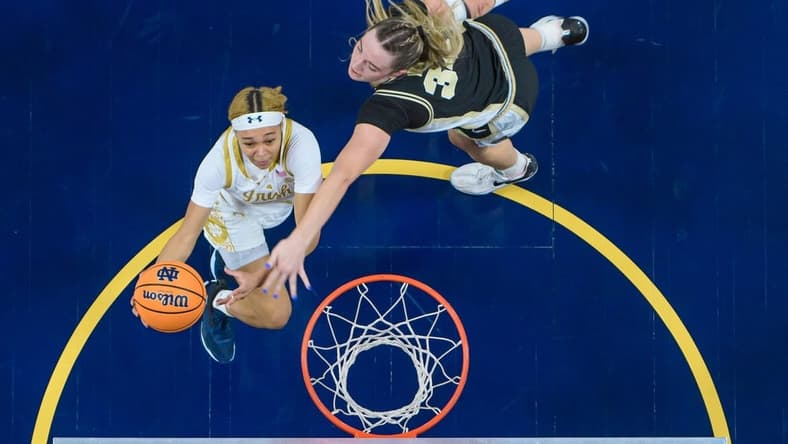 Dec 17, 2023; South Bend, Indiana, USA; Notre Dame Fighting Irish guard Hannah Hidalgo (3) goes up for a shot as Purdue Boilermakers forward Caitlyn Harper (34) defends in the first half at the Purcell Pavilion. Mandatory Credit: Matt Cashore-USA TODAY Sports