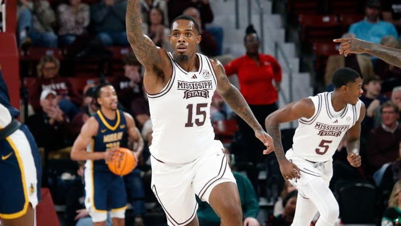 Dec 13, 2023; Starkville, Mississippi, USA; Mississippi State Bulldogs forward Jimmy Bell Jr. (15) reacts during the first half against the Murray State Racers at Humphrey Coliseum. Mandatory Credit: Petre Thomas-USA TODAY Sports