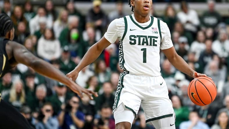 Michigan State's Jeremy Fears Jr. moves the ball against Oakland during the first half on Monday, Dec. 18, 2023, at the Breslin Center in East Lansing.