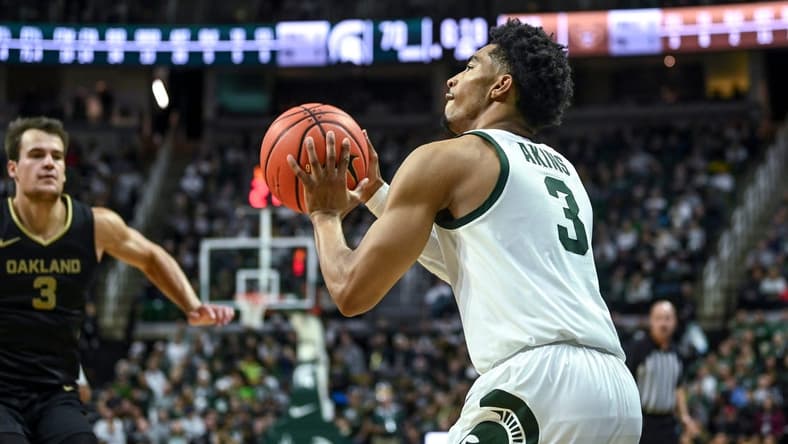 Michigan State's Jaden Akins makes a 3-pointer against Oakland during the second half on Monday, Dec. 18, 2023, at the Breslin Center in East Lansing.