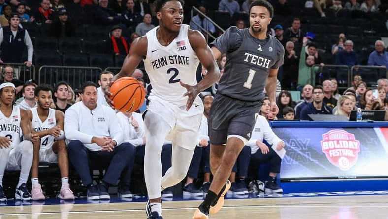 Dec 16, 2023; New York, New York, USA; Penn State Nittany Lions guard D'Marco Dunn (2) and Georgia Tech Yellow Jackets guard Kyle Sturdivant (1) at Madison Square Garden. Mandatory Credit: Wendell Cruz-USA TODAY Sports