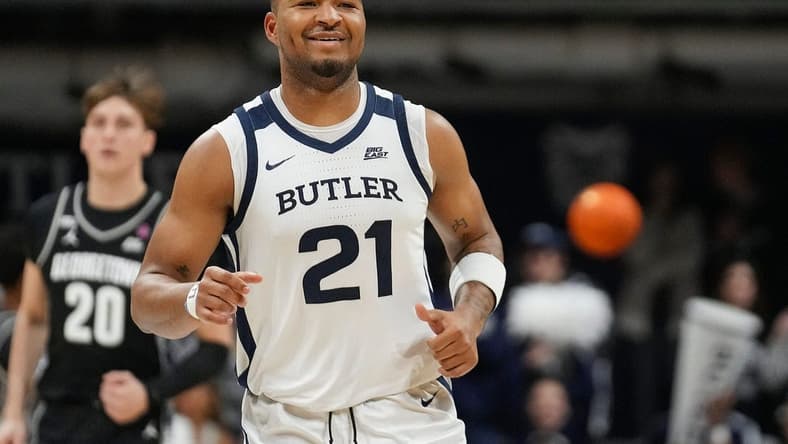 Butler Bulldogs guard Pierre Brooks II (21) runs up the court after shooting a free throw Tuesday, Dec. 19, 2023, at Hinkle Fieldhouse in Indianapolis.