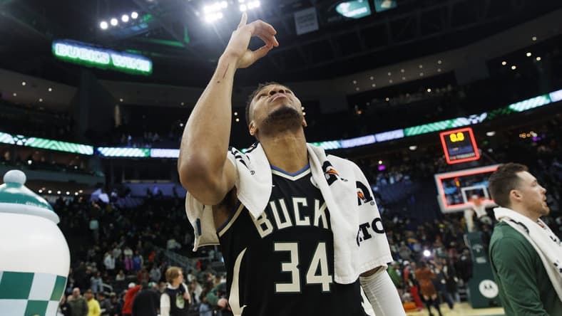 Dec 19, 2023; Milwaukee, Wisconsin, USA; Milwaukee Bucks forward Giannis Antetokounmpo (34) celebrates following the game against the San Antonio Spurs at Fiserv Forum. Mandatory Credit: Jeff Hanisch-USA TODAY Sports