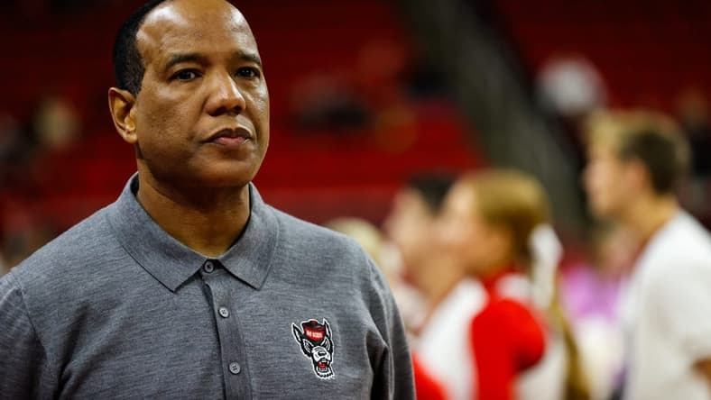 Dec 20, 2023; Raleigh, North Carolina, USA; North Carolina State Wolfpack head coach Kevin Keatts looks on during the first half against Saint Louis at PNC Arena. Mandatory Credit: Jaylynn Nash-USA TODAY Sports