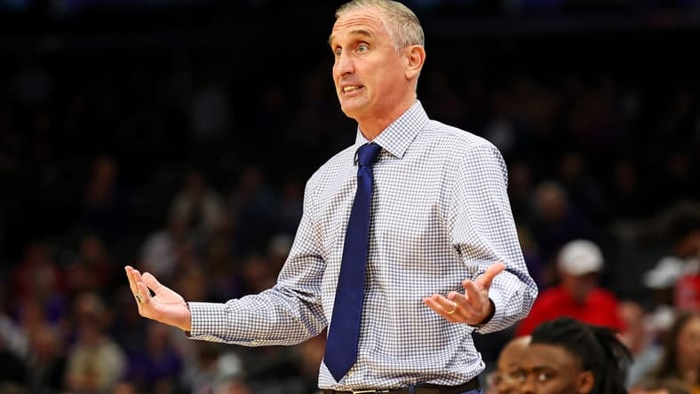 Dec 20, 2023; Phoenix, Arizona, USA; Arizona State Sun Devils head coach Bobby Hurley reacts from the sideline during the first half of the game against the Northwestern Wildcats during the Hall of Series at Footprint Center. Mandatory Credit: Mark J. Rebilas-USA TODAY Sports