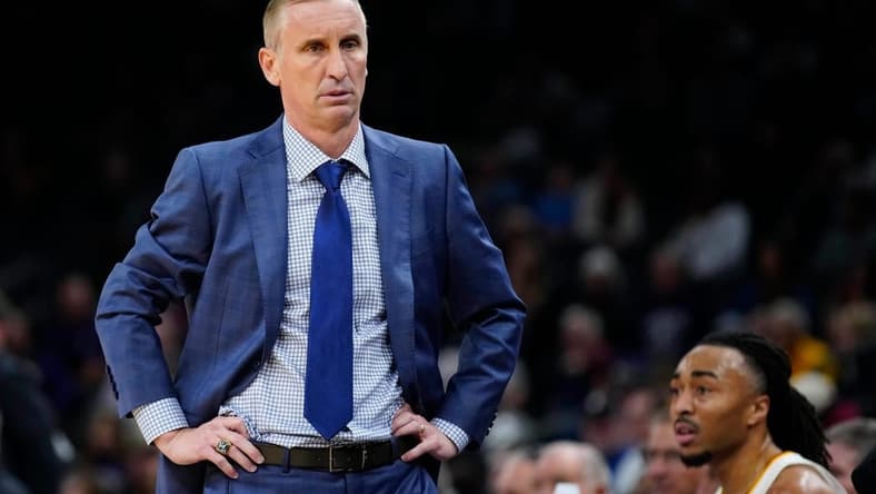 ASU head coach Bobby Hurley reacts at an official after a Northwestern three-pointer during the Jerry Colangelo Hall of Fame Series at the Footprint Center in Phoenix on Dec. 20, 2023.