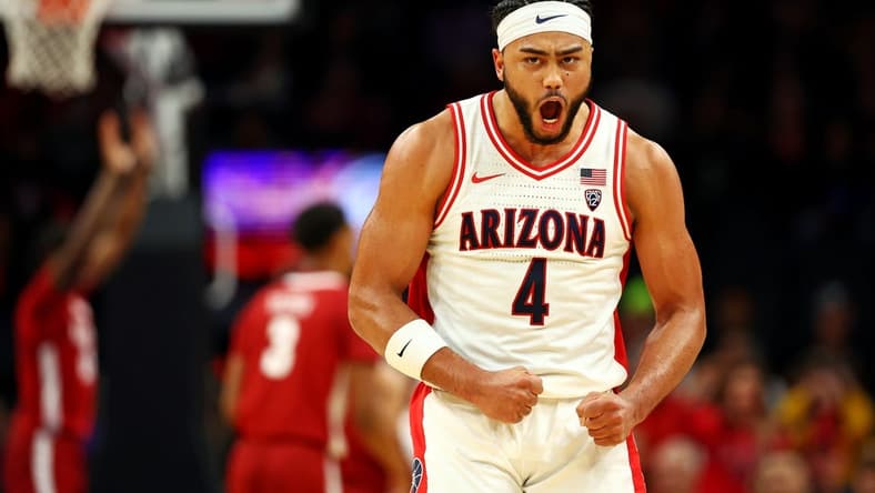 Dec 20, 2023; Phoenix, Arizona, USA; Arizona Wildcats guard Kylan Boswell (4) celebrates after a play during the first half of the game against the Alabama Crimson Tide in the Hall of Fame Series at Footprint Center. Mandatory Credit: Mark J. Rebilas-USA TODAY Sports