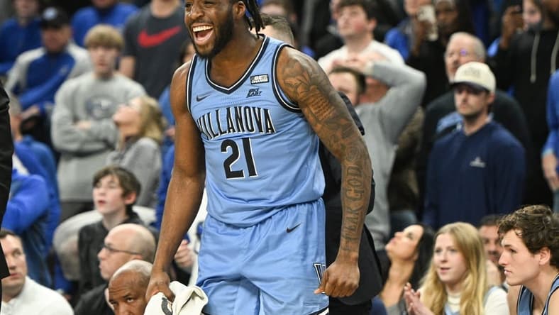 Dec 20, 2023; Omaha, Nebraska, USA; Villanova Wildcats forward Nnanna Njoku (21) reacts to a play against the Creighton Bluejays in the second half at CHI Health Center Omaha. Mandatory Credit: Steven Branscombe-USA TODAY Sports