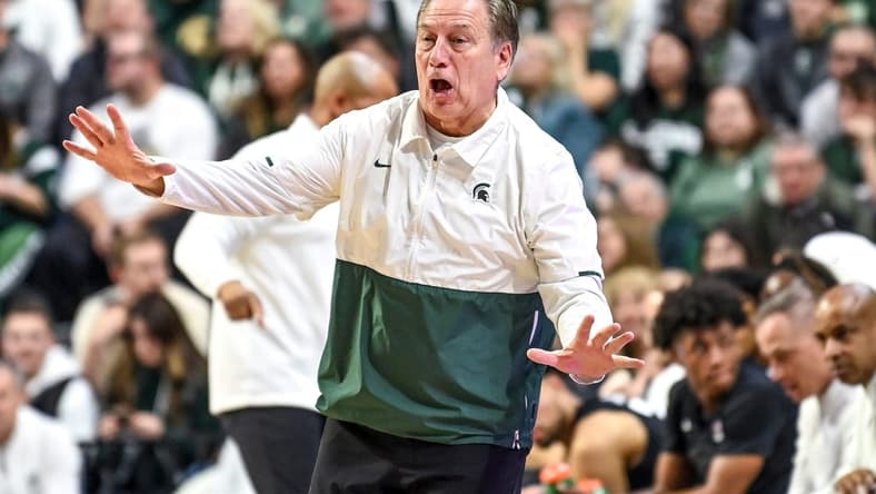 Michigan State's head coach Tom Izzo communicates with payers during the first half in the game against Stony Brook on Thursday, Dec. 21, 2023, at the Breslin Center in East Lansing.