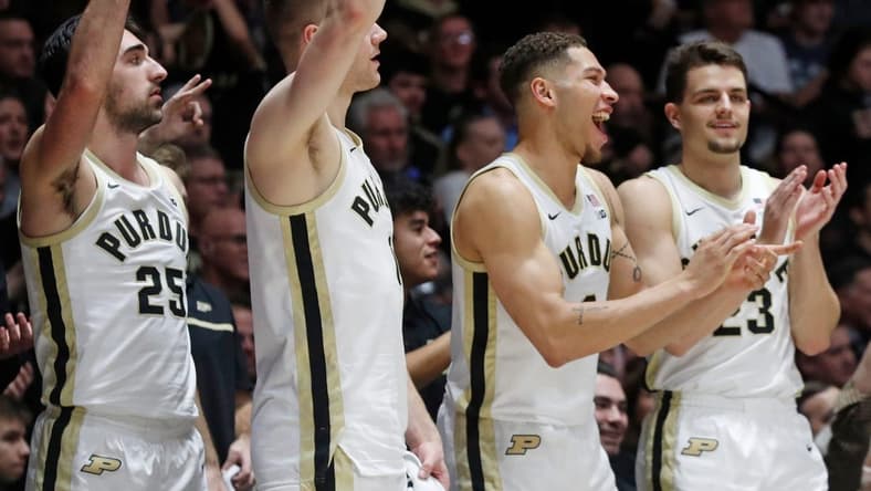 The Purdue Boilermakers bench reacts to a play during the NCAA men s basketball game against the Jacksonville Dolphins, Thursday, Dec. 21, 2023, at Mackey Arena in West Lafayette, Ind. Purdue Boilermakers won 100-57.