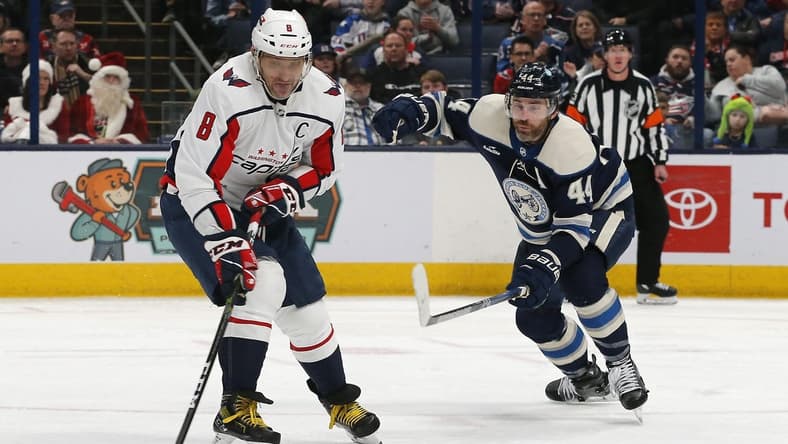 Dec 21, 2023; Columbus, Ohio, USA; Washington Capitals left wing Alex Ovechkin (8) wrists a shot on goal as Columbus Blue Jackets defenseman Erik Gudbranson (44) during the second period at Nationwide Arena. Mandatory Credit: Russell LaBounty-USA TODAY Sports