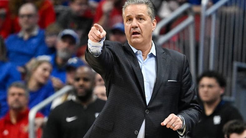 Dec 21, 2023; Louisville, Kentucky, USA; Kentucky Wildcats head coach John Calipari gives instruction during the second half against the Louisville Cardinals at KFC Yum! Center. Kentucky defeated Louisville 95-76. Mandatory Credit: Jamie Rhodes-USA TODAY Sports