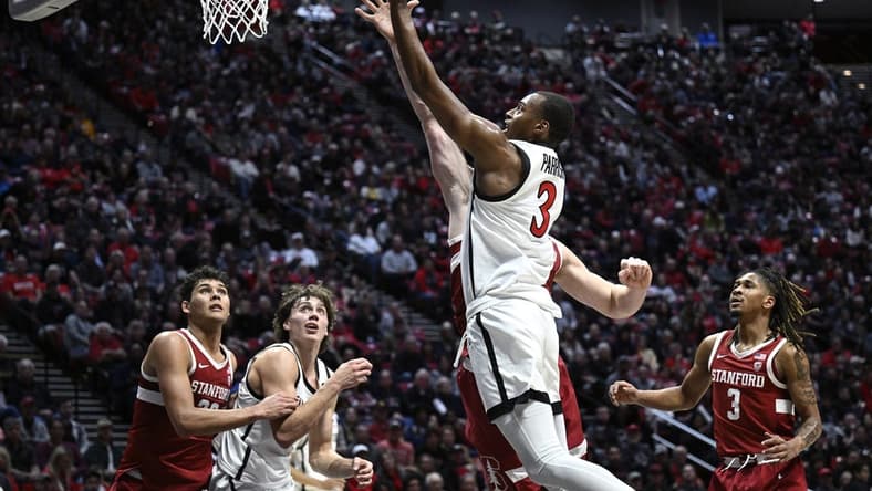 Dec 21, 2023; San Diego, California, USA; San Diego State Aztecs guard Micah Parrish (3) goes to the basket against the Stanford Cardinal during the first half at Viejas Arena. Mandatory Credit: Orlando Ramirez-USA TODAY Sports