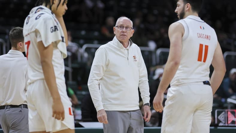 Dec 21, 2023; Coral Gables, Florida, USA; Miami Hurricanes head coach Jim Larranaga looks on against the Stonehill Skyhawks during the second half at Watsco Center. Mandatory Credit: Sam Navarro-USA TODAY Sports