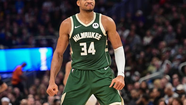 Dec 21, 2023; Milwaukee, Wisconsin, USA; Milwaukee Bucks forward Giannis Antetokounmpo (34) reacts after scoring a basket in the second quarter against the Orlando Magic at Fiserv Forum. Mandatory Credit: Benny Sieu-USA TODAY Sports