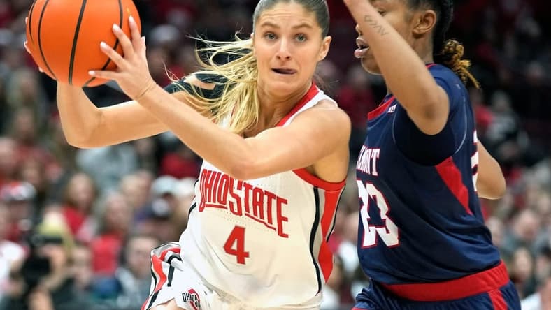 Dec 22, 2023; Columbus, OH, USA; Ohio State Buckeyes guard Jacy Sheldon (4) works around Belmont Bruins guard Jailyn Banks (23) in the first half of their NCAA womens basketball game at Value City Arena.