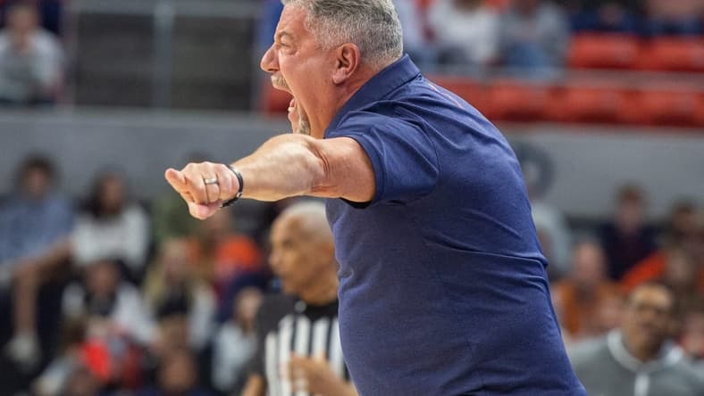 Auburn Tigers head coach Bruce Pearl talks with his team from the sideline as Auburn Tigers take on Alabama State Hornets at Neville Arena in Auburn, Ala., on Friday, Dec. 22, 2023.