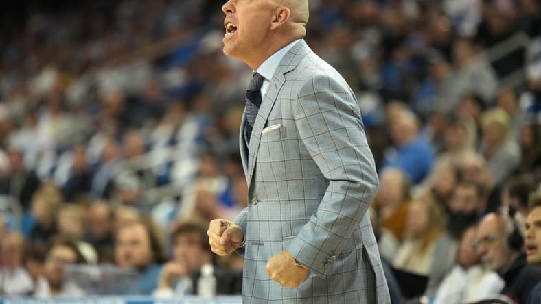 Dec 22, 2023; Los Angeles, California, USA; UCLA Bruins head coach Mick Cronin reacts against the Maryland Terrapins in the first half at Pauley Pavilion presented by Wescom. Mandatory Credit: Kirby Lee-USA TODAY Sports