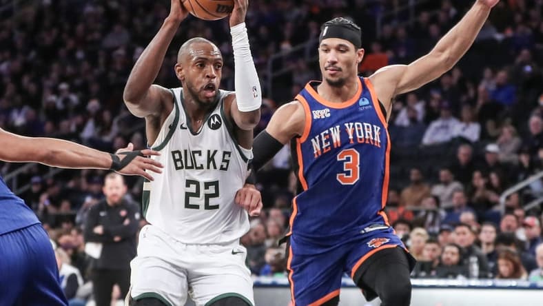 Dec 23, 2023; New York, New York, USA;  Milwaukee Bucks forward Khris Middleton (22) looks to drive past New York Knicks guard Josh Hart (3) in the fourth quarter at Madison Square Garden. Mandatory Credit: Wendell Cruz-USA TODAY Sports