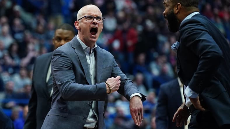 Dec 23, 2023; Hartford, Connecticut, USA; Connecticut Huskies head coach Dan Hurley reacts after a call as they take on the St. John's Red Storm at XL Center. Mandatory Credit: David Butler II-USA TODAY Sports