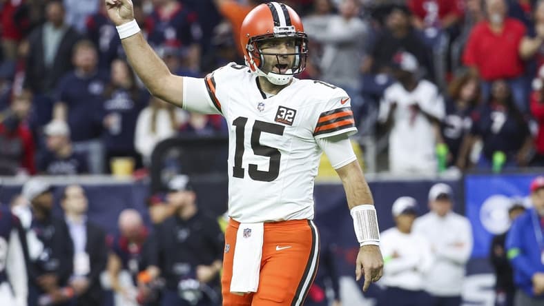 Dec 24, 2023; Houston, Texas, USA; Cleveland Browns quarterback Joe Flacco (15) reacts after a touchdown during the first quarter against the Houston Texans at NRG Stadium. Mandatory Credit: Troy Taormina-USA TODAY Sports