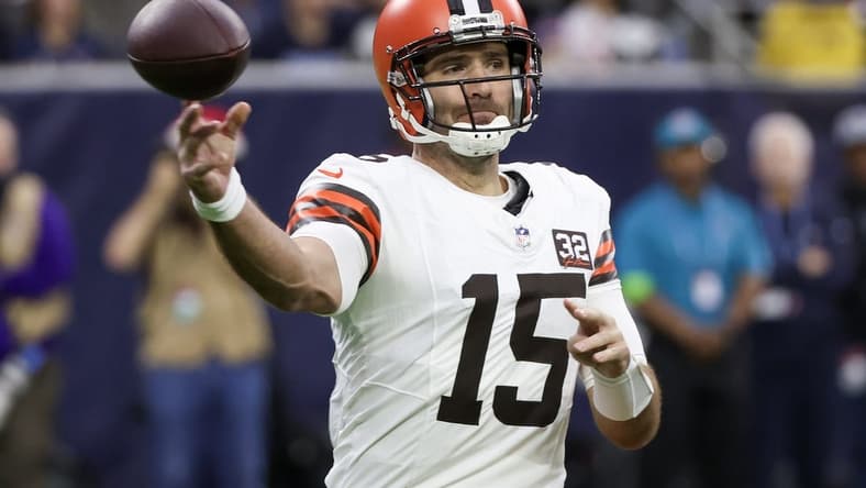 Dec 24, 2023; Houston, Texas, USA; Cleveland Browns quarterback Joe Flacco (15) passes against the Houston Texans in the first quarter at NRG Stadium. Mandatory Credit: Thomas Shea-USA TODAY Sports