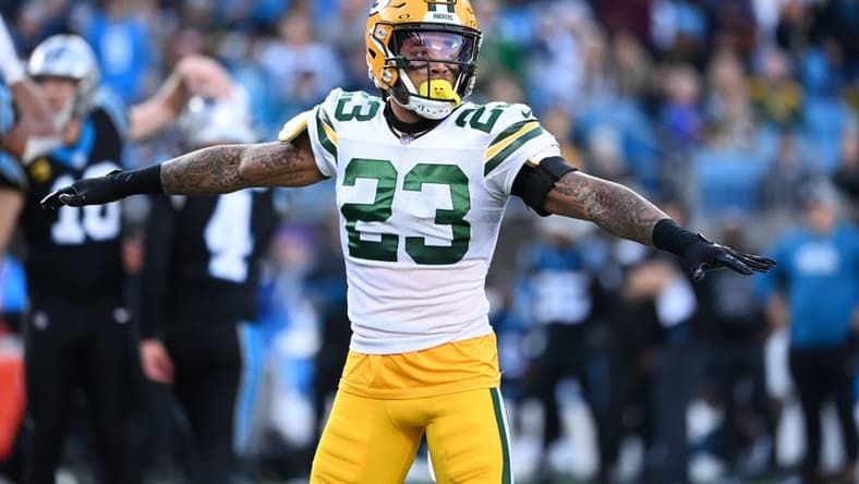 Dec 24, 2023; Charlotte, North Carolina, USA; Green Bay Packers cornerback Jaire Alexander (23) reacts in the fourth quarter at Bank of America Stadium. Mandatory Credit: Bob Donnan-USA TODAY Sports