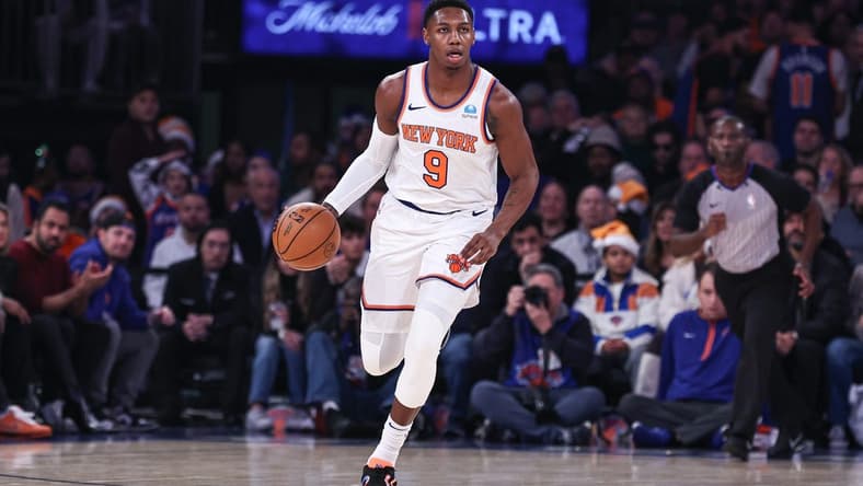 Dec 25, 2023; New York, New York, USA; New York Knicks guard RJ Barrett (9) dribbles up court during the first quarter against the Milwaukee Bucks at Madison Square Garden. Mandatory Credit: Vincent Carchietta-USA TODAY Sports