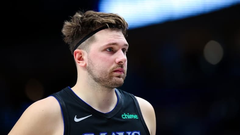 Dec 27, 2023; Dallas, Texas, USA; Dallas Mavericks guard Luka Doncic (77) reacts during the second half against the Cleveland Cavaliers at American Airlines Center. Mandatory Credit: Kevin Jairaj-USA TODAY Sports