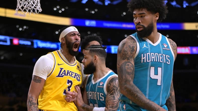 Dec 28, 2023; Los Angeles, California, USA; Charlotte Hornets forward Cody Martin (11) gets in front of Los Angeles Lakers forward Anthony Davis (3) as he reacts after a dunk over Charlotte Hornets center Nick Richards (4) in the first half at Crypto.com Arena. Mandatory Credit: Jayne Kamin-Oncea-USA TODAY Sports