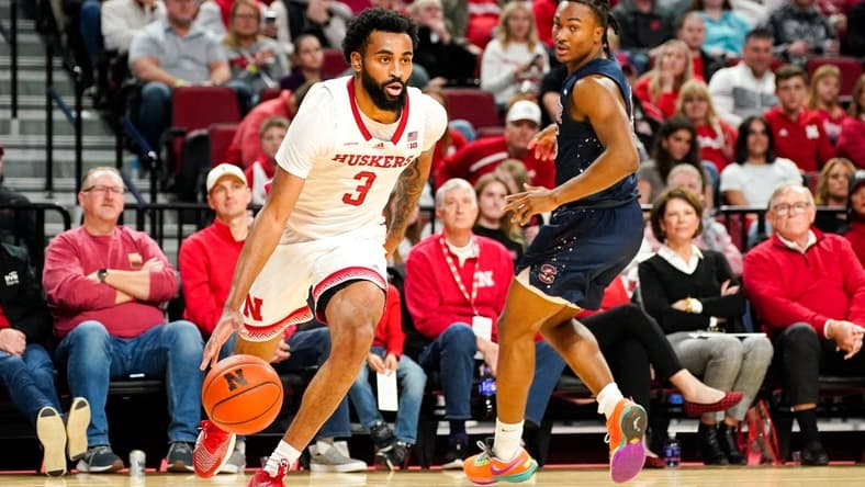 Dec 29, 2023; Lincoln, Nebraska, USA; Nebraska Cornhuskers guard Brice Williams (3) drives to the hoop against the South Carolina State Bulldogs during the first half at Pinnacle Bank Arena. Mandatory Credit: Dylan Widger-USA TODAY Sports