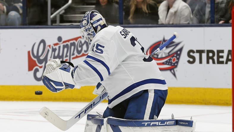 Dec 29, 2023; Columbus, Ohio, USA; Toronto Maple Leafs goalie Ilya Samsonov (35) makes a save against the Columbus Blue Jackets during the third period at Nationwide Arena. Mandatory Credit: Russell LaBounty-USA TODAY Sports