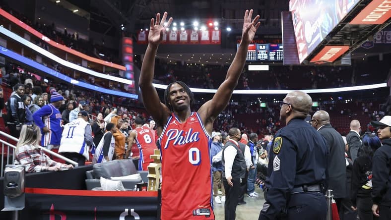 Dec 29, 2023; Houston, Texas, USA; Philadelphia 76ers guard Tyrese Maxey (0) walks off the court after the game against the Houston Rockets at Toyota Center. Mandatory Credit: Troy Taormina-USA TODAY Sports