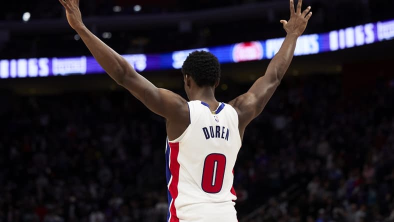 Dec 30, 2023; Detroit, Michigan, USA; Detroit Pistons center Jalen Duren (0) celebrates in the second half against the Toronto Raptors at Little Caesars Arena. Mandatory Credit: Rick Osentoski-USA TODAY Sports