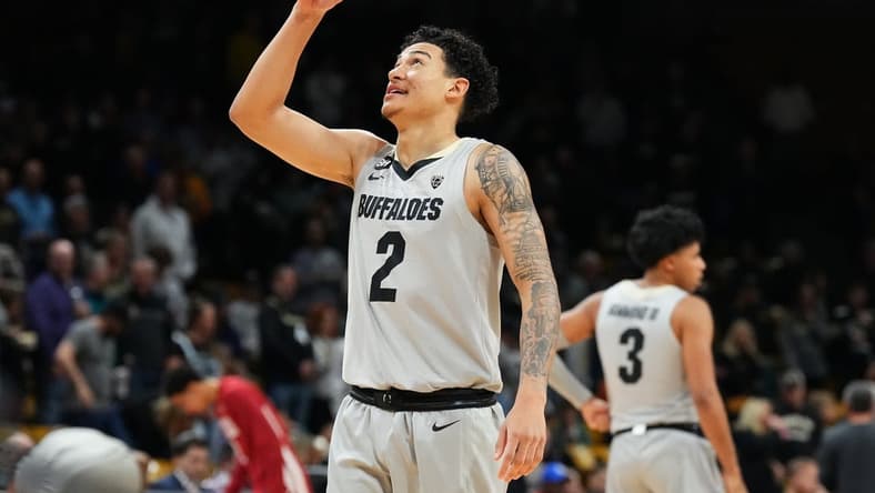 Dec 31, 2023; Boulder, Colorado, USA; Colorado Buffaloes guard KJ Simpson (2) reacts in the first half against the Washington State Cougars at the CU Events Center. Mandatory Credit: Ron Chenoy-USA TODAY Sports
